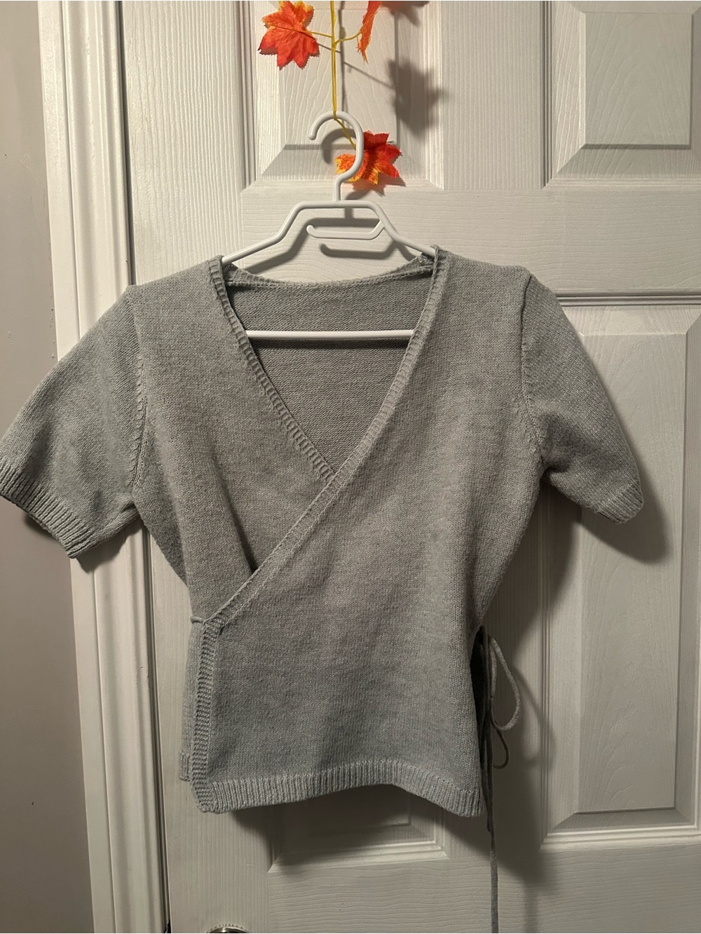 Light Gray Short-Sleeve Wrap Sweater